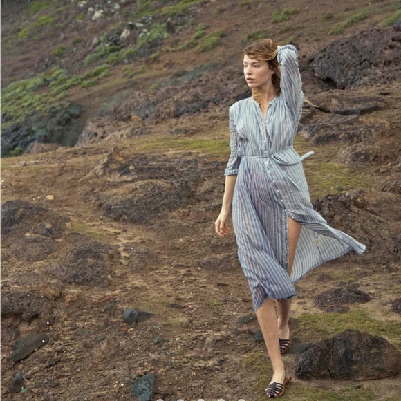 💋SOLD💋⛱️🌊DÔEN ‘Lorena’ Organic Cotton Voile Dress Monte Isola Stripe XS - Picture 5 of 17